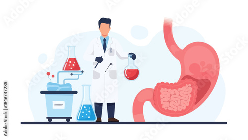 Medical research scientist and laboratory setup illustrating gastrointestinal studies and