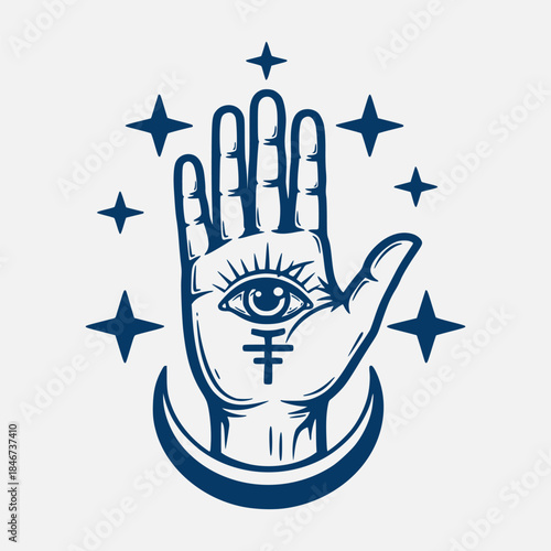 Mystical Hand with All-Seeing Eye and Crescent Moon Vector Graphic. Esoteric Spiritual Illustration for Fortune Telling, Astrology, and Occult Designs. Celestial Symbol for Intuition and Protection