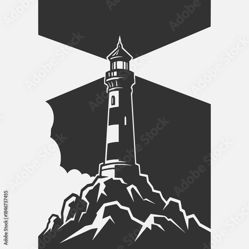 Striking lighthouse illustration on a rocky outcrop casting beams of light into the darkness