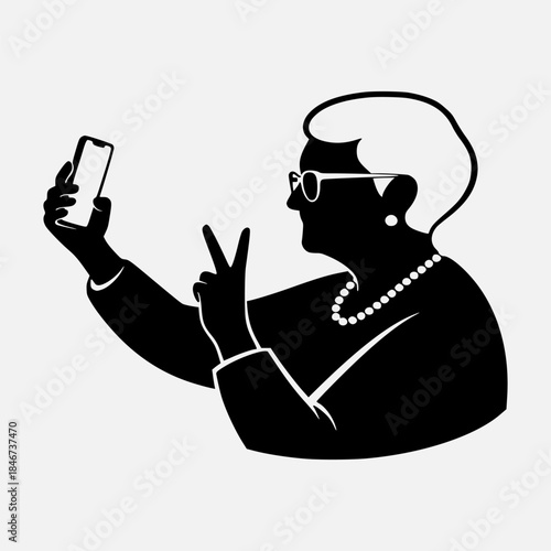 Vibrant senior woman silhouette capturing a joyful smartphone selfie with a peace sign, illustrating active digital engagement and modern elderly lifestyle