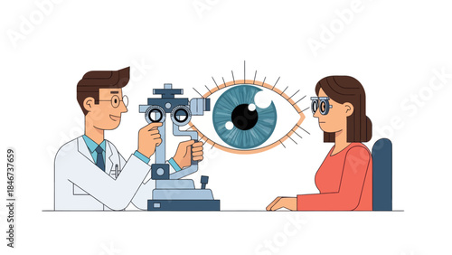 Optometrist Conducting Eye Examination with Large Eye Illustration in the Background