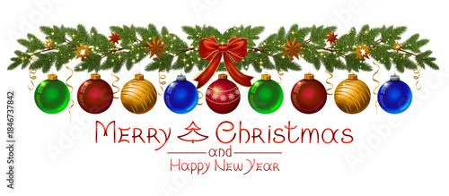 Merry Christmas and New Year colorful decorations with green fir branches