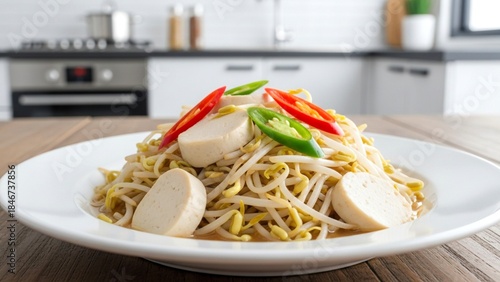 Stir fried bean sprouts with tofu and chili. Indonesian tumis tauge with tofu