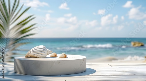 Rock podium positioned on the sea shore with crashing waves and a beach-themed background