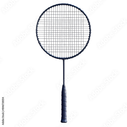 Badminton Racket in Modern Design with Dark Blue Frame and White Strings in Studio Lighting for Sports Equipment isolated on transparent background