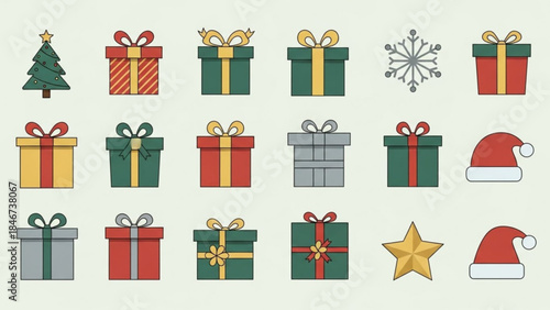  Festive Treasures: A vibrant array of Christmas gifts, a snow crystal, and Santa hat, and Christmas tree, each adorned with festive details and symbolic of the holiday season.