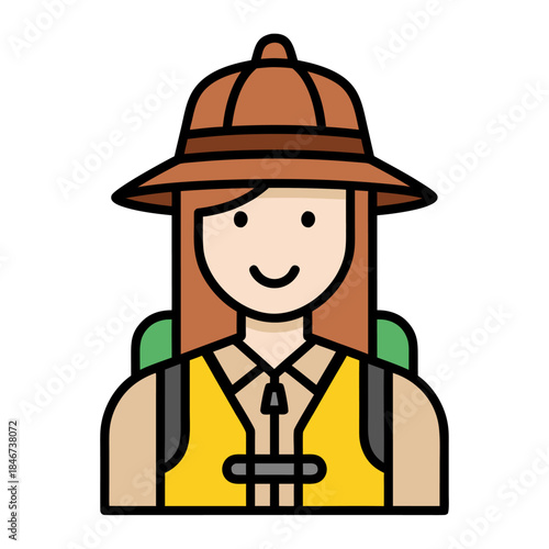Illustration of a female explorer wearing a safari hat and backpack.