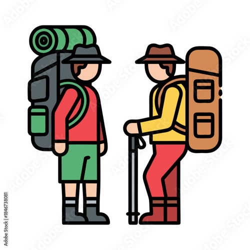 Two hikers with large backpacks and hats, one holding a hiking pole, ready for an outdoor adventure.