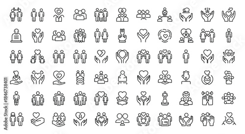 Set of love and relationship line icons isolated on contains such icons as couple, family, heart, care, together and more