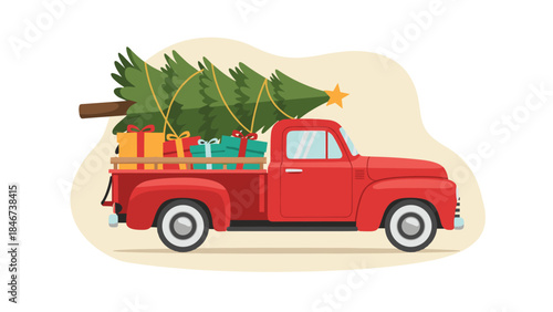 Vintage red pickup truck carries a fresh christmas tree and brightly wrapped gifts for a festive holiday season.