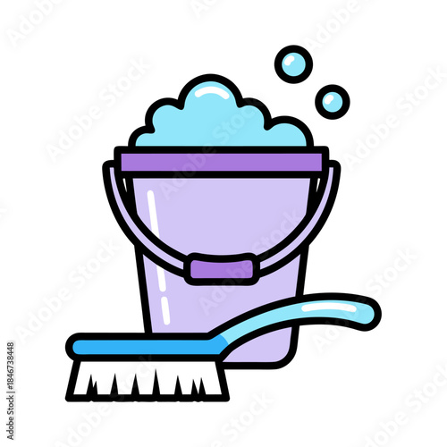 A cartoon illustration of a cleaning bucket filled with blue suds and a scrubbing brush.