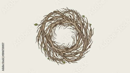 Wreath made of intertwined dry branches and twigs with small green spring leaves, natural rustic circle design element, hand drawn style illustration