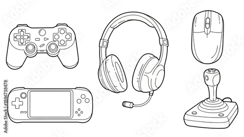 Collection of gaming peripherals gamepad, handheld console, headset, mouse, and joystick line art icons