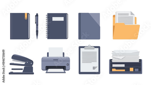 Set of office supplies and stationery icons notebooks, pen, stapler, printer, clipboard, and file organizer