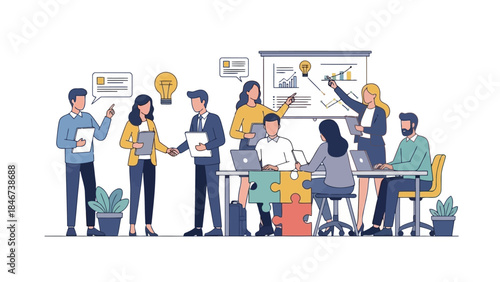 Business team collaboration meeting with presentation and puzzle pieces symbolizing teamwork and strategy development