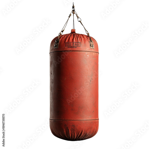 Red punching bag in vintage style with worn leather texture and dramatic lighting for fitness training isolated on transparent background