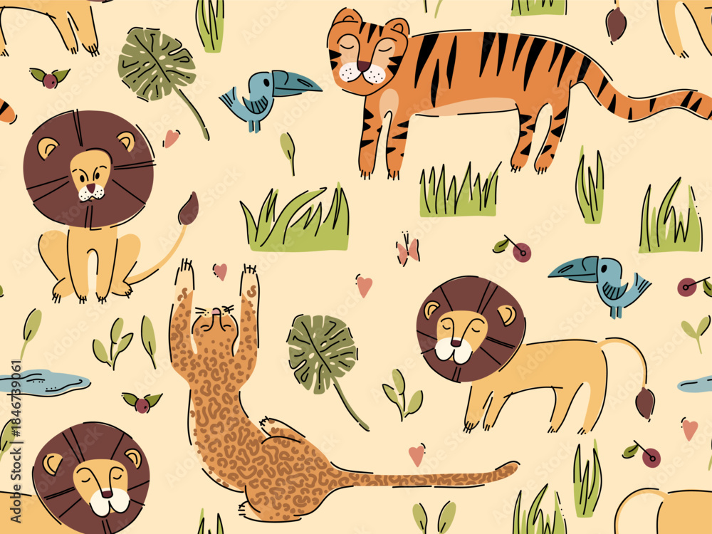 Naklejka premium Seamless pattern with lions, tigers, leopards and toucan. Hand Drawn Cute Kids Tropical Print.