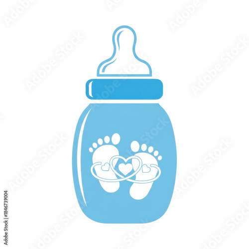 perfectly symmetrical 2d vector icon of a light baby blue feeding bottle featuring newborn footprints and hearts, isolated on transparent background. concept of tender childcare and newborn