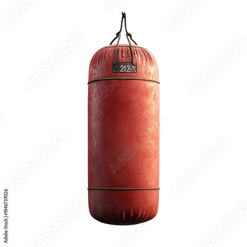Red punching bag in worn leather texture with metal chain and tag in studio lighting for fitness training isolated on transparent background