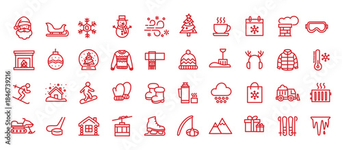Winter icon set. Containing snow, snowflake, cold, ski, Christmas, Santa Claus, icicle, snowman, sleigh, sweater, ice skates, snowboard and more. Editable line icons. Vector illustration.