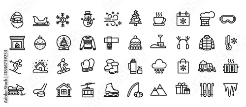 Winter icon set. Containing snow, snowflake, cold, ski, Christmas, Santa Claus, icicle, snowman, sleigh, sweater, ice skates, snowboard and more. Editable line icons. Vector illustration.