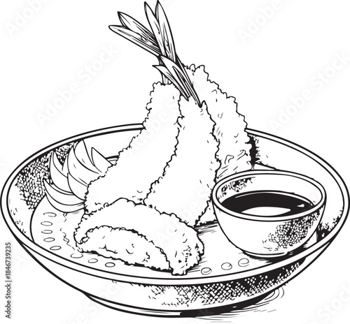 Tempura (Japanese dish) Hand-drawn Sketch Drawing Vector Illustration, Line Linear Symbol Engraving Coloring Book, Black and White Isolated