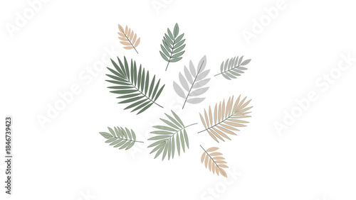 Delicate arrangement of tropical fern leaves in muted earthy tones creates a calming botanical illustration.
