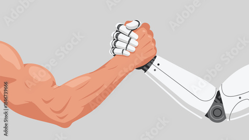 Human and robotic arms firmly shake hands, symbolizing collaboration and the integration of technology with humanity.