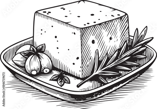 Tofu Hand-drawn Sketch Drawing Vector Illustration, Line Linear Symbol Engraving Coloring Book, Black and White Isolated
