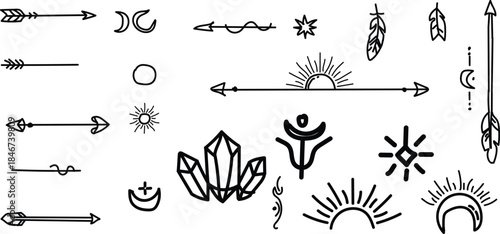 Collection of various ancient arrows and symbolic icons