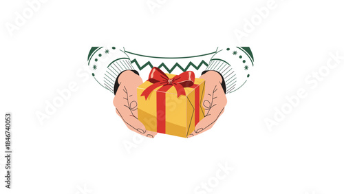 Hands gently holding a beautifully wrapped golden gift with a vibrant red bow, suggesting a thoughtful present or festive celebration.