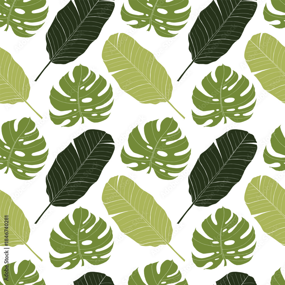 Fototapeta premium Tropical leaves seamless pattern with palm monstera and banana leaf. Vector hand drawn print for fabric, textile, wallpapers in green colors on transparent background.