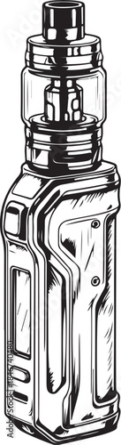 Vape and Vaping, Electronic Cigarette and Smoking Hand-drawn Sketch Drawing Vector Illustration, Line Linear Symbol Engraving Coloring Book, Black and White Isolated