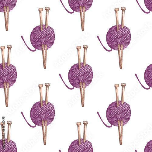 Hand drawn vintage seamless pattern of purple yarn balls with knitting needles, colored sketch