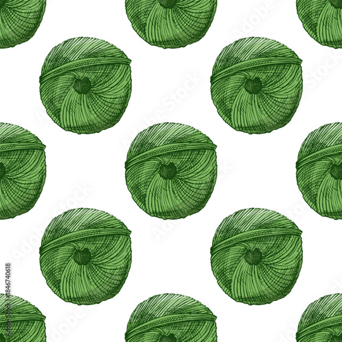 Hand drawn vintage seamless pattern of green yarn ball in engraving style