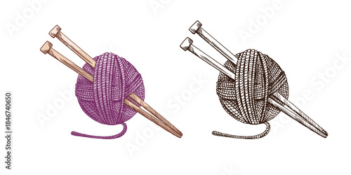 Hand drawn vintage sketch of yarn ball with knitting needles in purple and brown colors, color and monochrome set