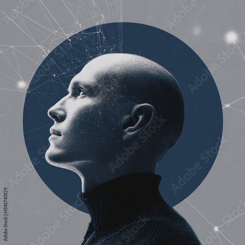 A bald man in profile with a futuristic background.