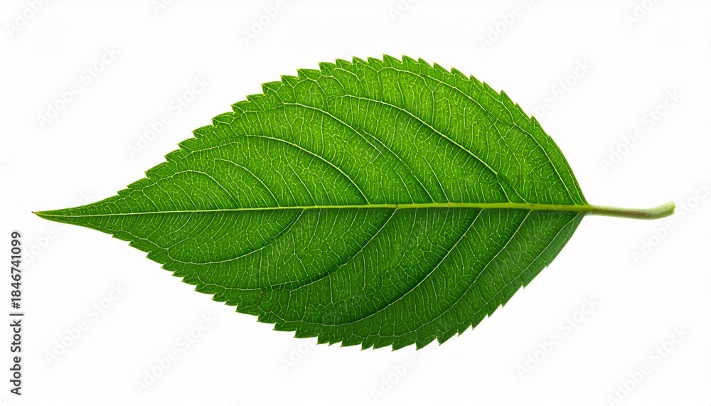 Obraz premium Single Green Leaf with Serrated Edges and Prominent Veins on White Background for Botanical Study