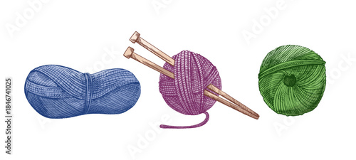 Hand drawn vintage sketch of colorful yarn balls and knitting needles in purple, green and blue shades