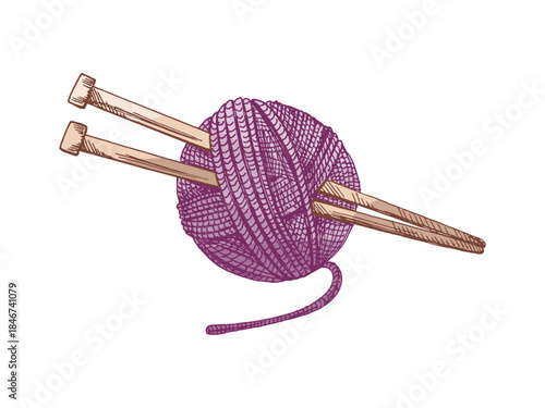 Hand drawn vintage sketch of purple yarn ball with knitting needles in pastel color, isolated vector illustration