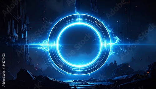 Glowing Blue Portal in Futuristic Ruins Evoking Sci-Fi Themes of Time Travel, Energy, and Exploration