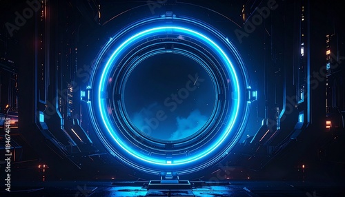 Glowing Blue Portal in Futuristic Ruins Evoking Sci-Fi Themes of Time Travel, Energy, and Exploration