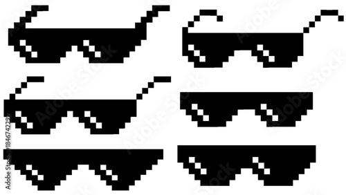 Collection of distinct pixel art sunglasses designs, showcasing various retro 8-bit eyewear styles perfect for digital graphics, gaming projects, and cool vintage fashion statements