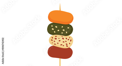 Colorful cartoon illustration of a Korean street food skewer with various tteok, or rice cakes, isolated on white background.