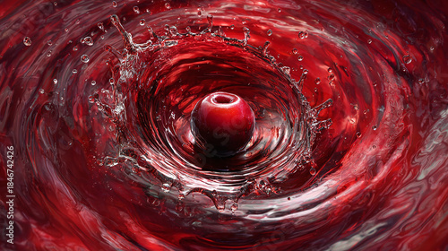 A mesmerizing close-up of a cranberry submerged in swirling liquid, with droplets creating a dynamic visual effect