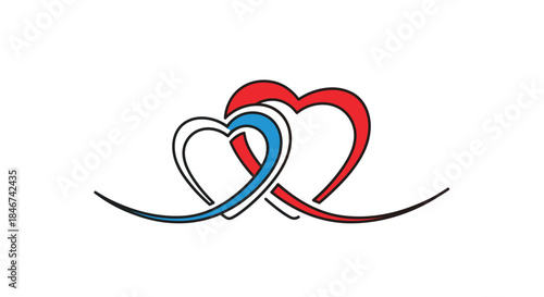 Two intertwined hearts drawn with the red, white, and blue colors of the French flag, symbolizing love for France.