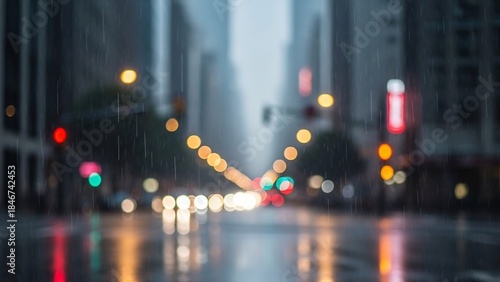 Blurred City Street Lights and Reflections on Wet Pavement at Night.