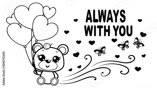 A cute anime style teddy bear floats with heart shaped balloons and butterflies, conveying love and affection
