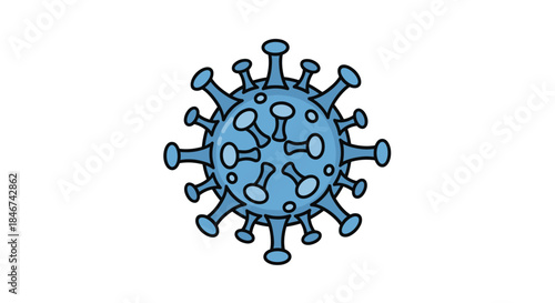 Simple blue cartoon illustration of a coronavirus cell structure, representing a virus, pandemic, or microscopic bacteria.