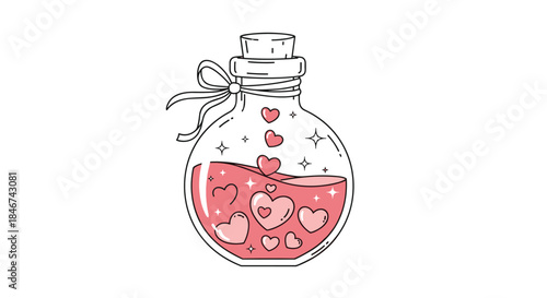 Whimsical drawing of a magic love potion bottle filled with pink liquid, sparkling hearts, and tied with a delicate ribbon.